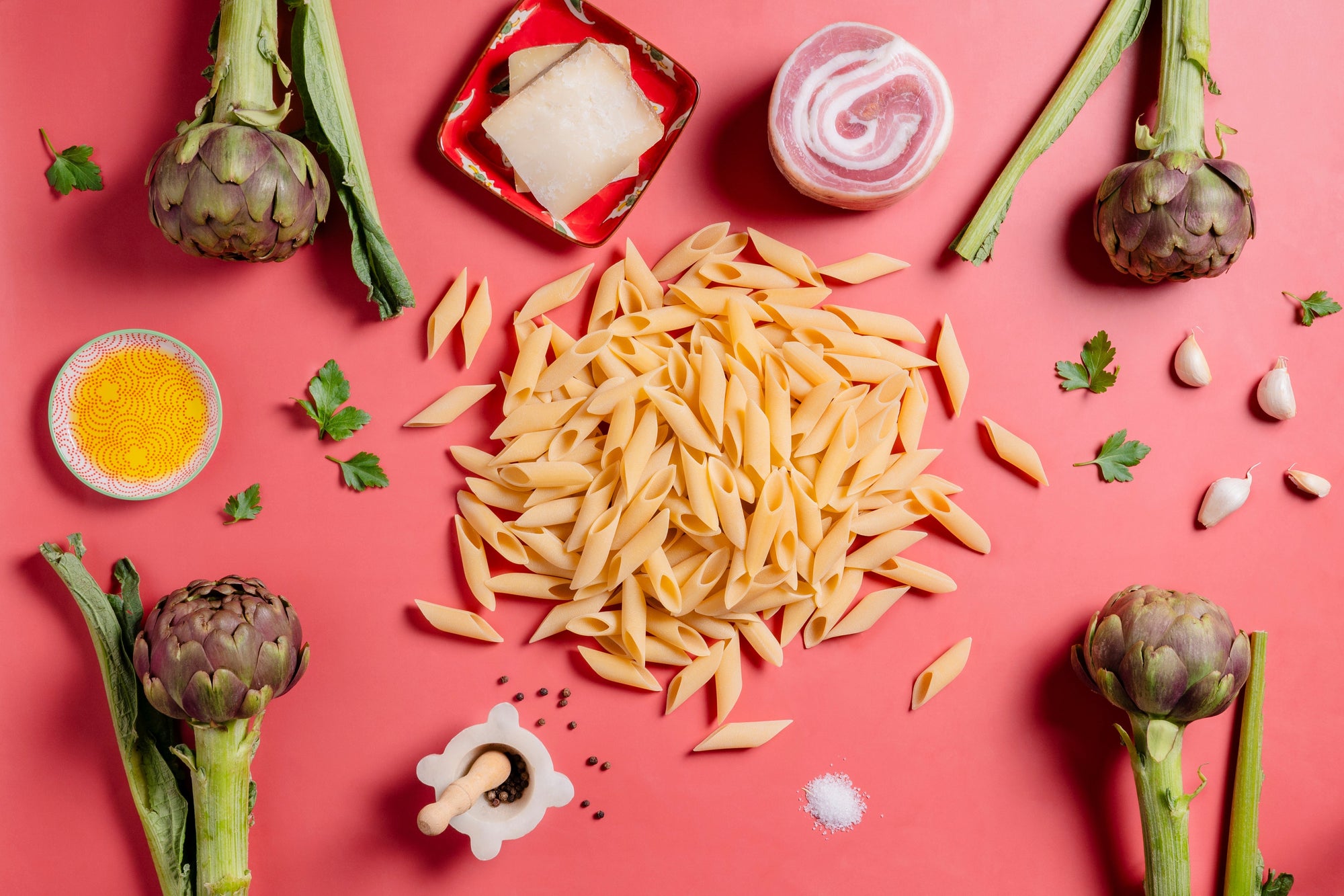 Penne a Candela con carciofi, pancetta arrotolata e Pecorino Sardo