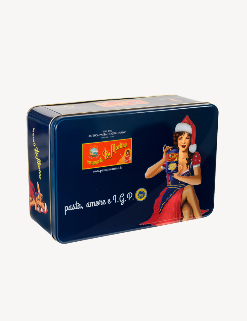 Christmas blue tin box with pin-up (classic shapes)